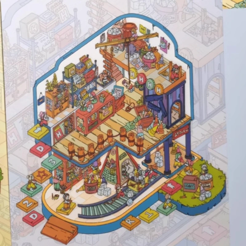 Naklejka krajobrazowa 3D miniaturowa scena Biblioteka przyjęcie herbaciane kwiaciarnia magazyn kolaż naklejki kawaii