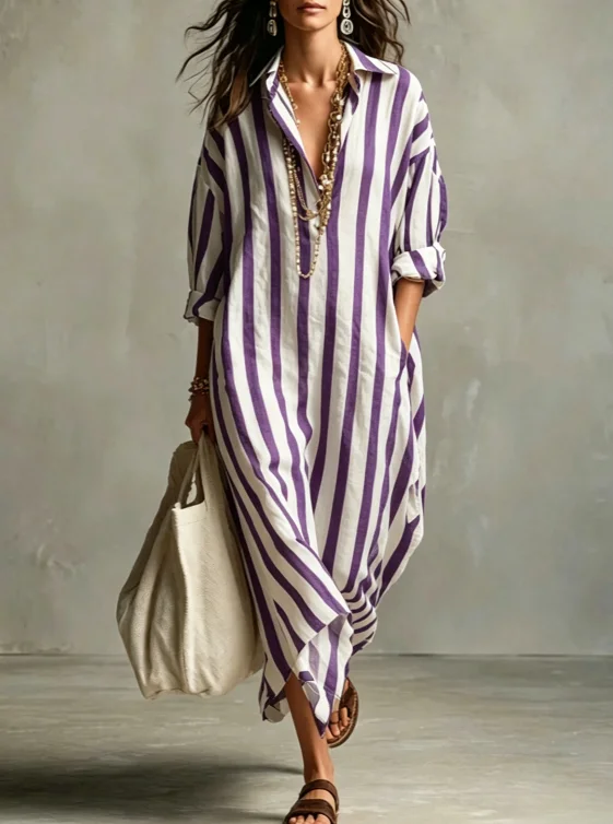 Damen Langes Gestreiftes Hemdkleid V-Ausschnitt Locker Lässig Sommer Urlaub Mode Europäischer und Amerikanischer Grenzüberschreitender Stil – Detail 18