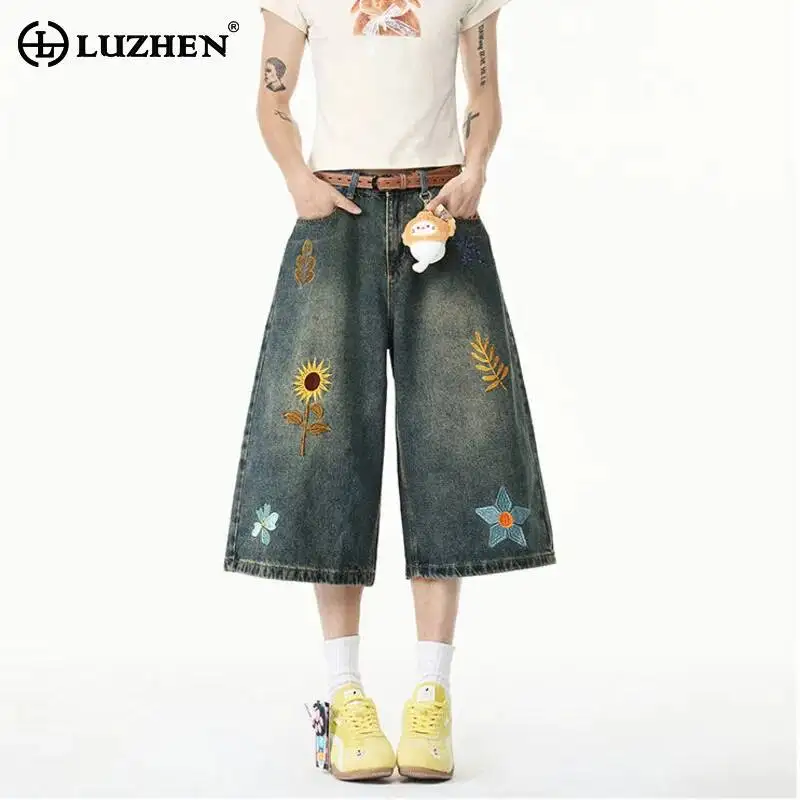 

LUZHEN 2026 Summer Original Embroidery Floral Pattern Straight Cropped Denim Pants Men's Fashion Loose Casual Male Jeans JY7316