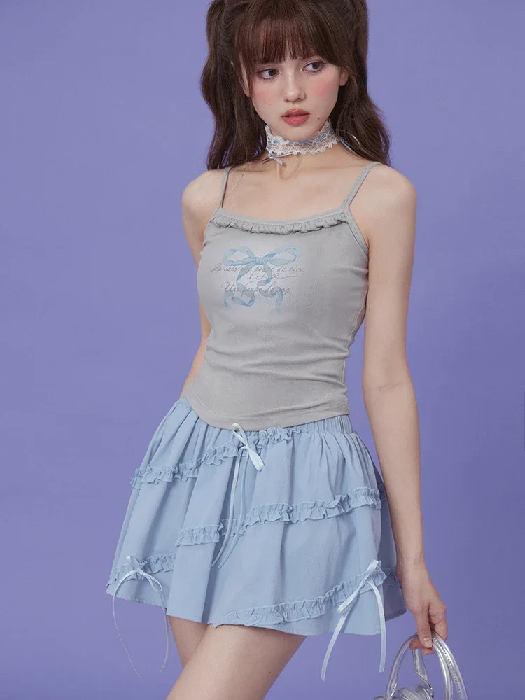 High Quality Hot Selling Romantic Cute Double Waist Design Butterfly Bow Ruffle Edge Short Skirt Wholesale Kawaii Skirt Y2k