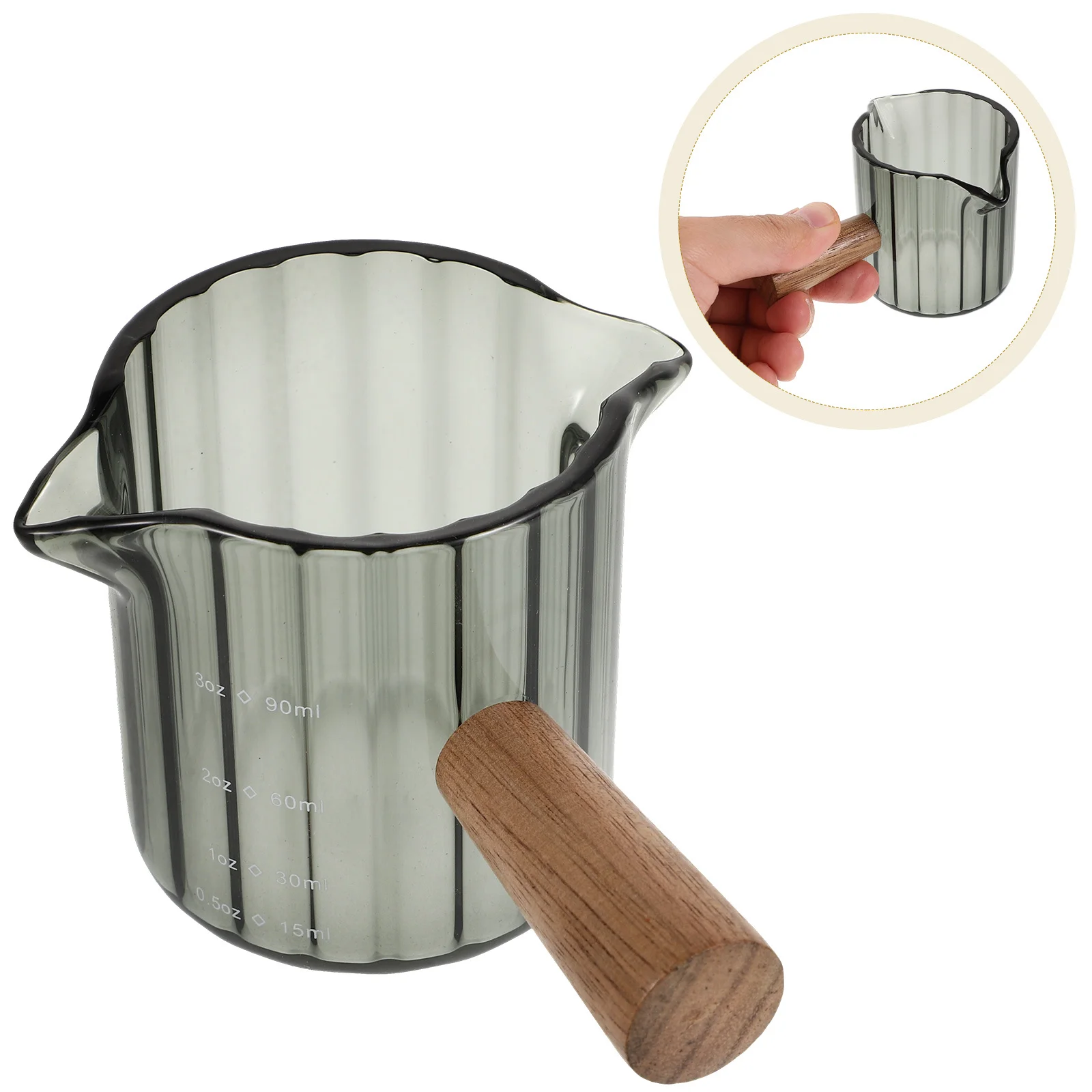 

Clear Glass Coffee Pitcher with Wooden Handle Double Spout Design Ideal for Espresso Cappuccino Latte Milk Frother Cup Use