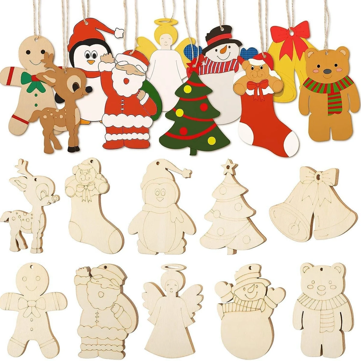 10Pcs Christmas Wooden Ornament Carton Santa Snowman Bear Hanging Pendant For Noel Party Decor Kids DIY Painting Gifts Supply
