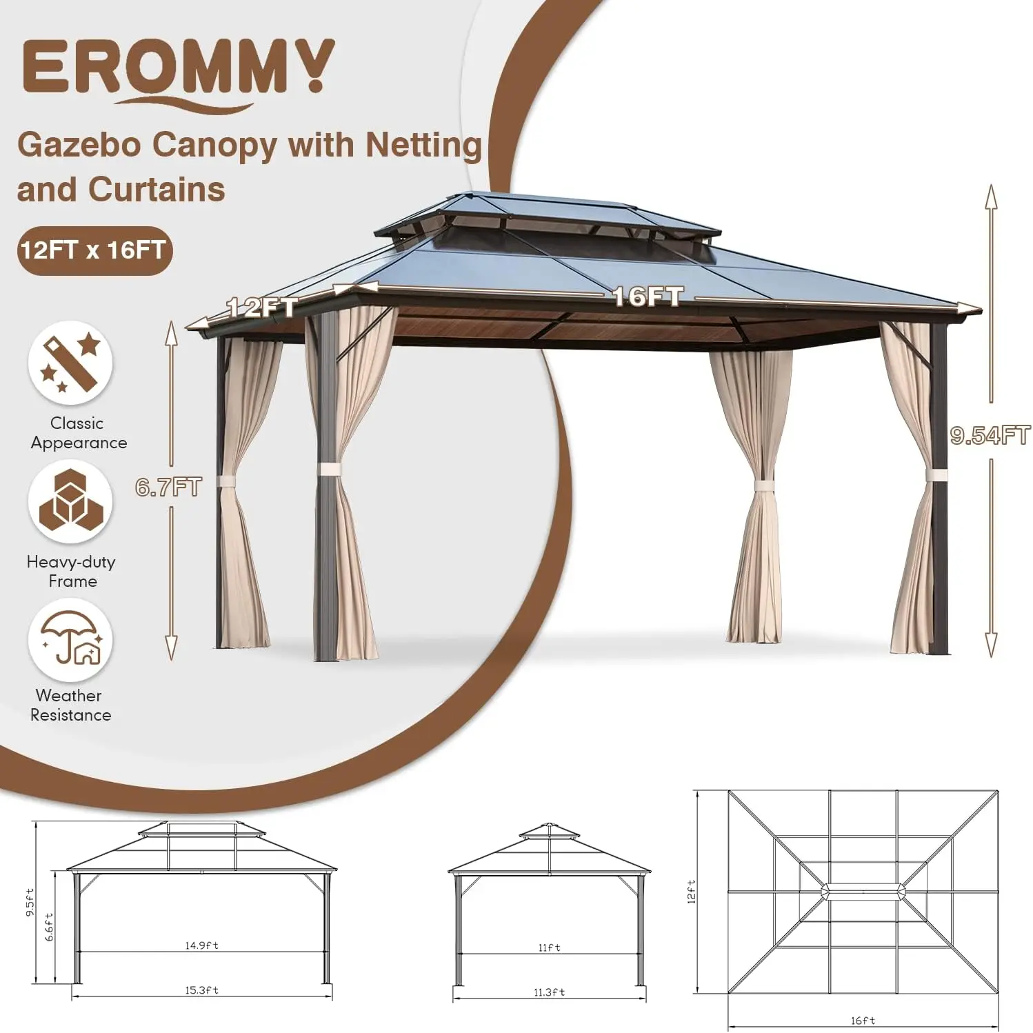 12' x 16' Gazebo Polycarbonate Double Roof Canopy Outdoor Aluminum Frame Pergola, Permanent Pavilion with Netting and Curtains