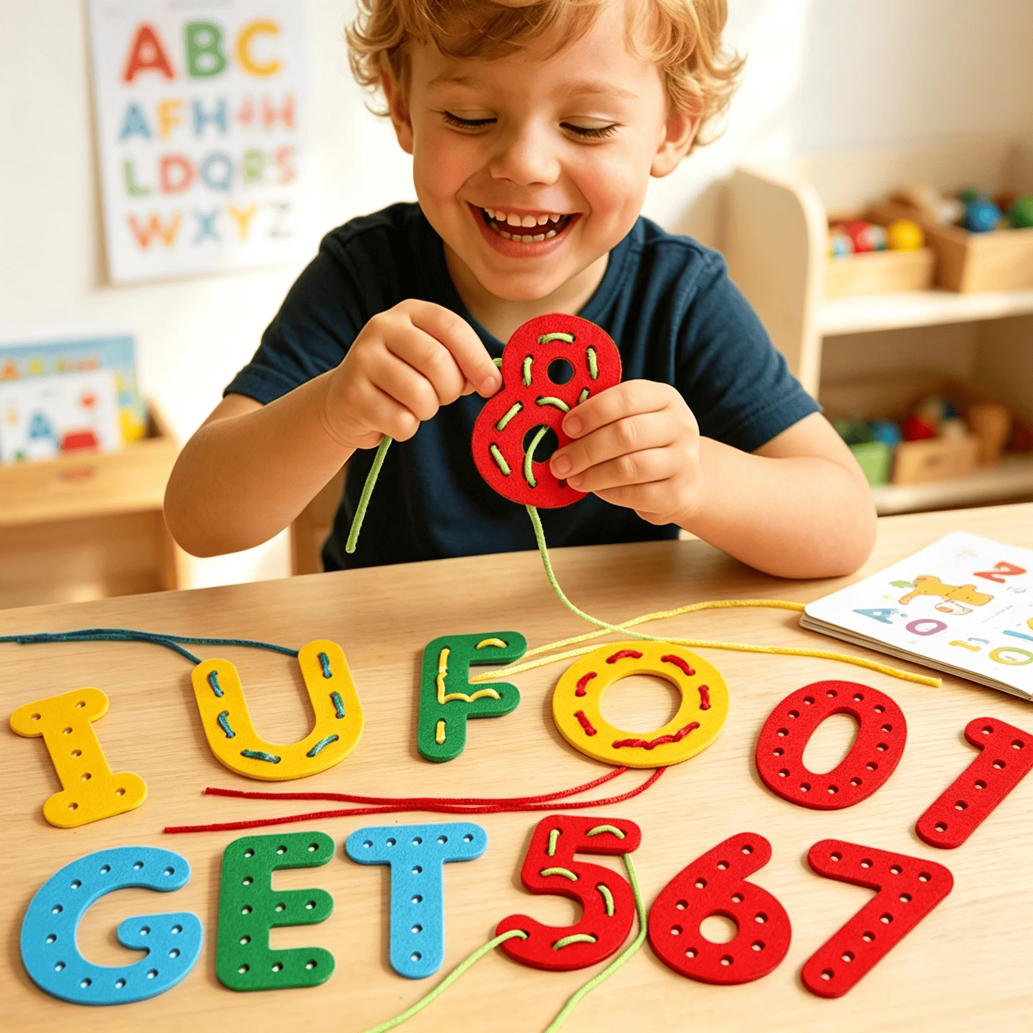 Children's Montessori Wooden Alphabet Number Thread Toy Cognitive Sewing Board Fine Motor Skills Hand-Eye Coordination 3+Y