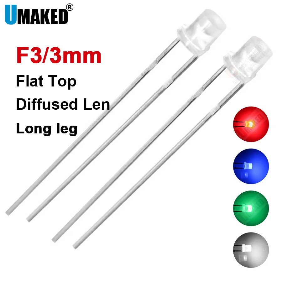 1000pcs 3mm Diffused LED flat top lamps diodes chip,28mm leg light beads F3 led Emitting diodes White/Red/G/B Lighting DIY lamp