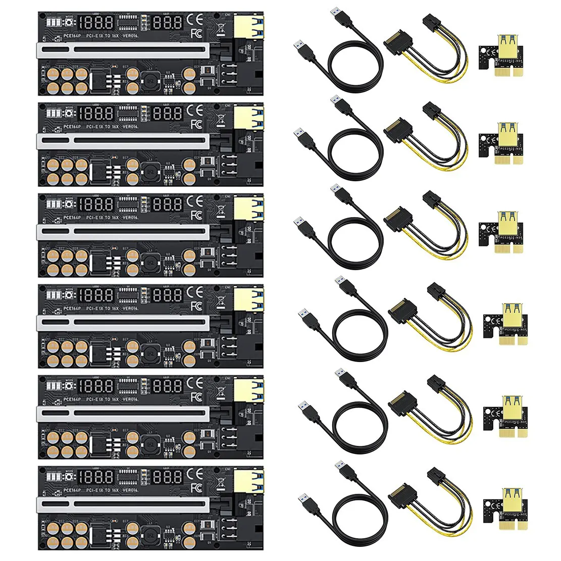 

6 Pcs for BTC Miner VER016 PCI-E 1X to 16X USB3.0 GPU Riser Card with 10 Capacitors Temperature/Voltage Display+Shield