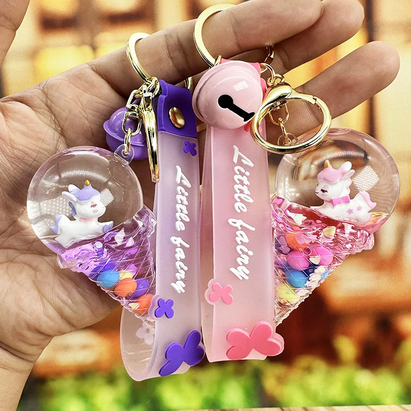 Creative Unicorn Doll Sequins Key Chain Cartoon Ice Cream Floating Bottle Quicksand Liquid Keychain for Cute Women's Bag