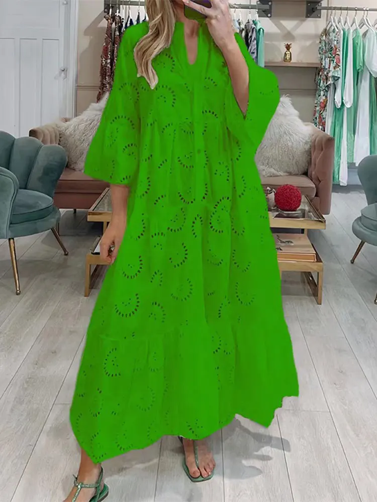 

Elegant Women Solid Long Dress 2025 Sexy V-neck Flare Sleeve Hollow Out Maxi Dresses Casual Loose Female Seaside Vacation Robe