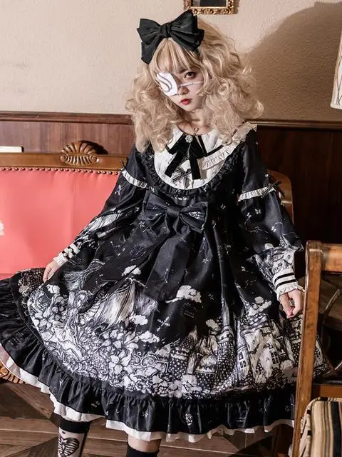 

Sweety Girl Dress Factory Design Gothic Lolita Cosplay Costume Castle Night Long Sleeved Black Op Large Skirt Dress