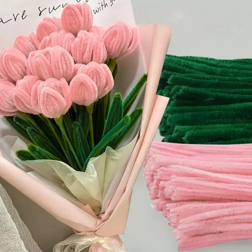 1 Set Pipe Cleaners Crafts Flexible Bendable Wire Colorful Chenille Stems DIY Tulip Bouquet Making Kit Kids Girl DIY Flower Art