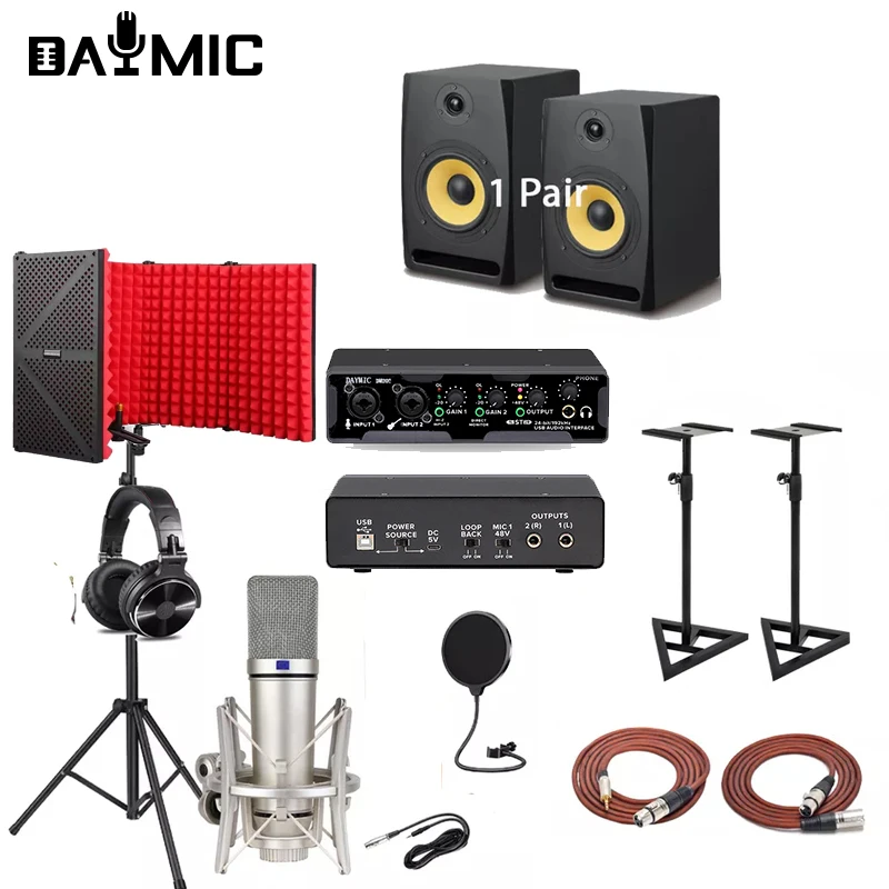 Professional Studio Record Monitors Speaker Microphone Headphones Sound Card Home Club Broadcast Recording Equipment Kit