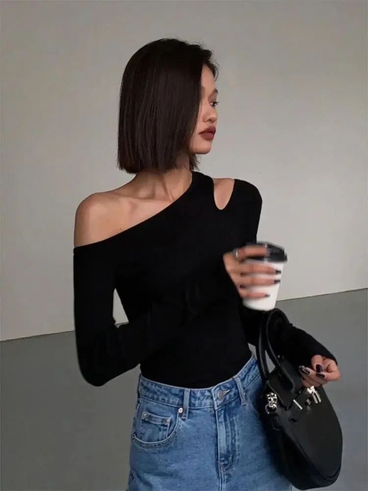 Faionable Skew Collar Off-Shoulder Long Sve T-Shirt für Damen Sli Casual Top aus anderen Materialien 00 %