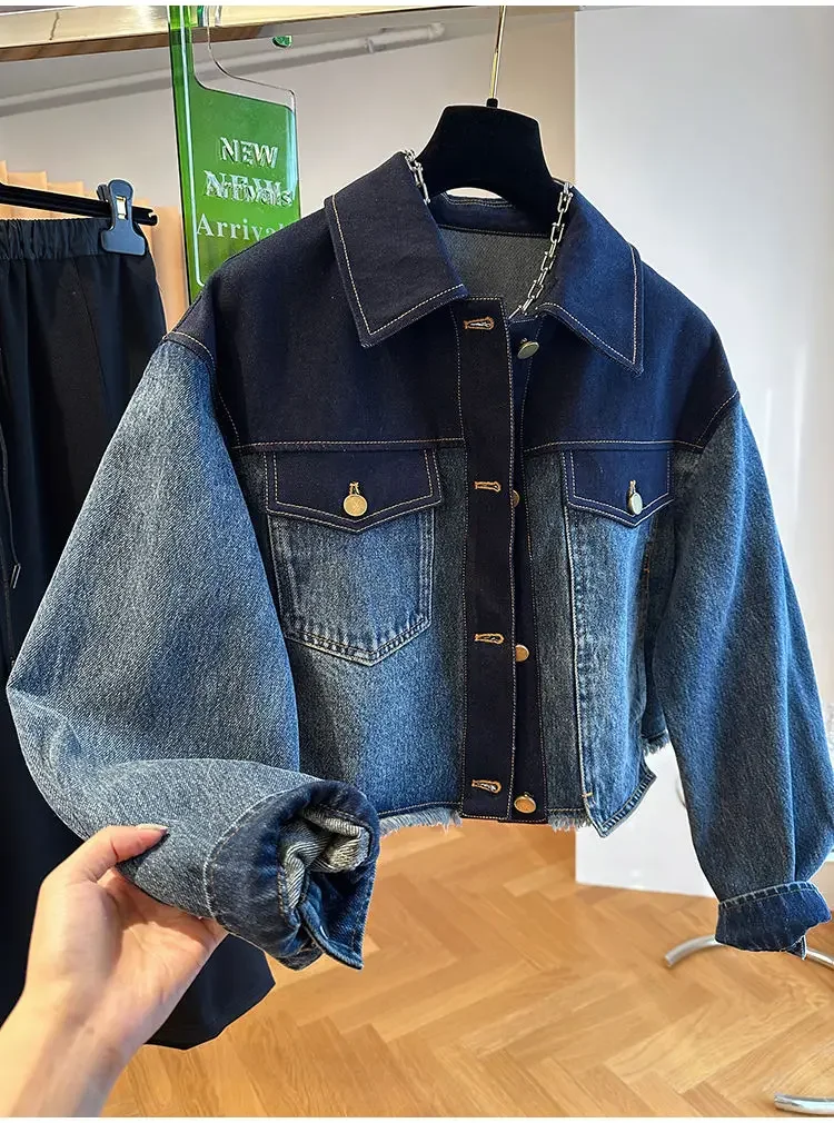 Vintage Blue Patchwork Crop Denim Jacket Women Korean Style Turn-down Collar Single-breasted Short Jeans Jackets Autumn Overcoat