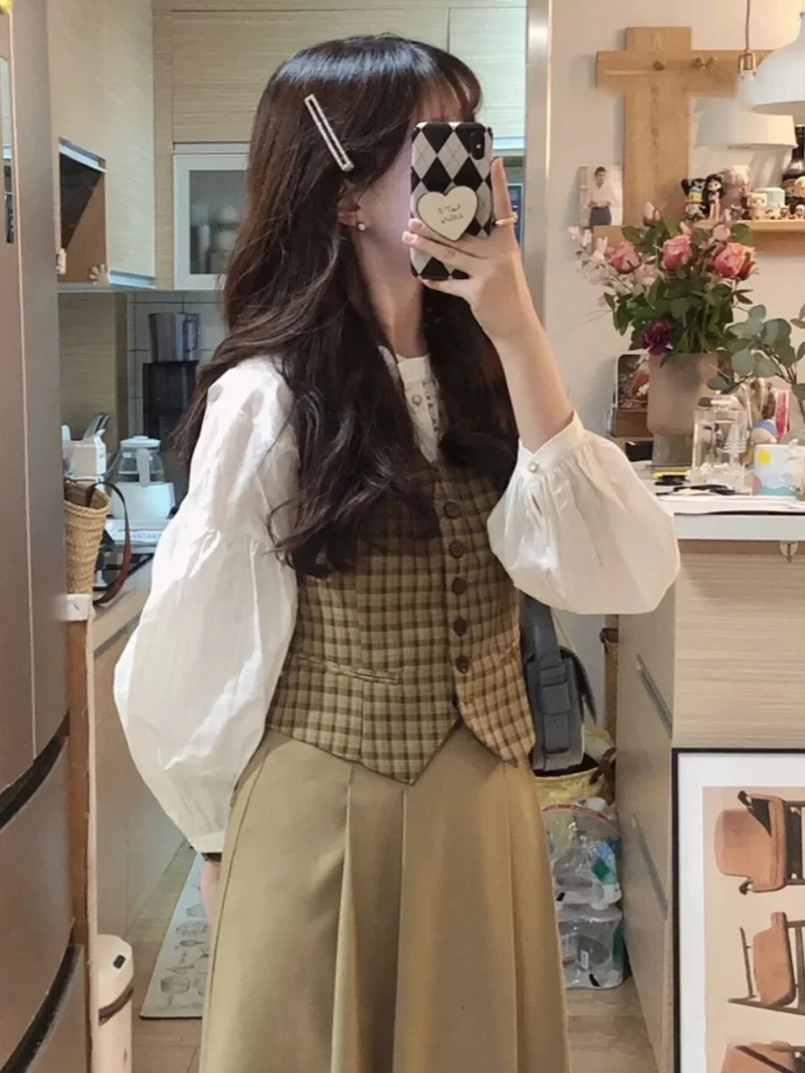 Retro Brytyjski Krój w Kratę, Garnitur z Dekoltem w Serek, Damska Wczesnojesienna Koreańska Odzież Wierzchnia, Warstwowa Kamizelka z Poduszkami na Ramiona