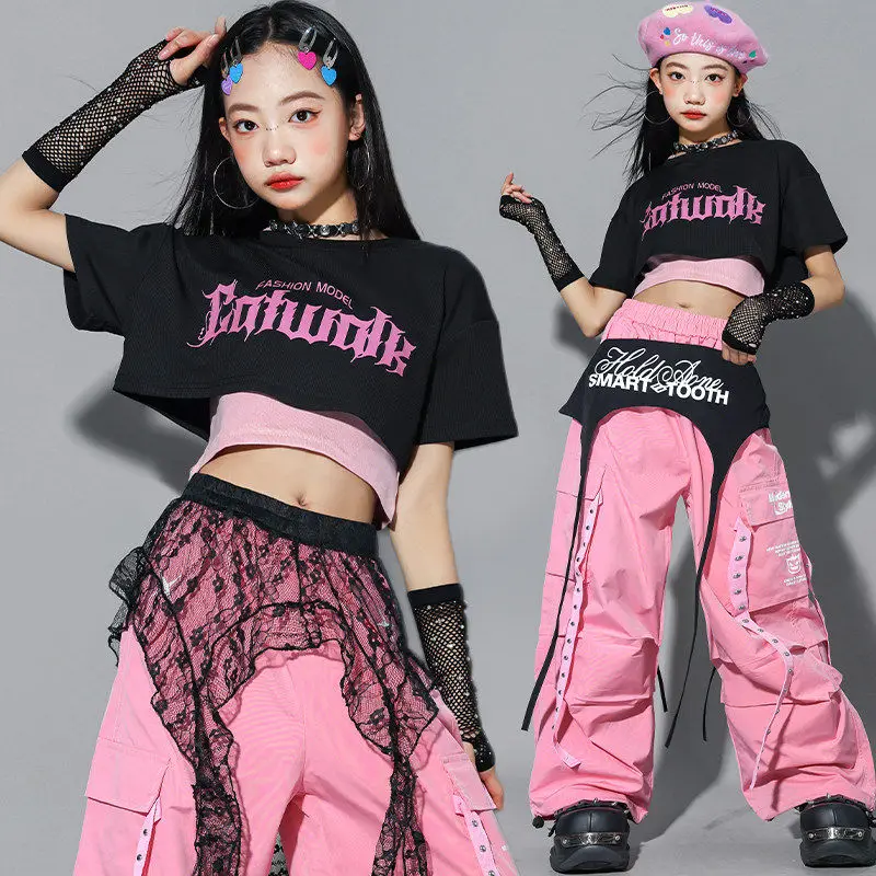 

Детский костюм для джазовых танцев, сценический наряд для K-pop шоу, черный топ, розовые брюки, школьный костюм для выступлений для девочек, модная уличная танцевальная одежда 3387