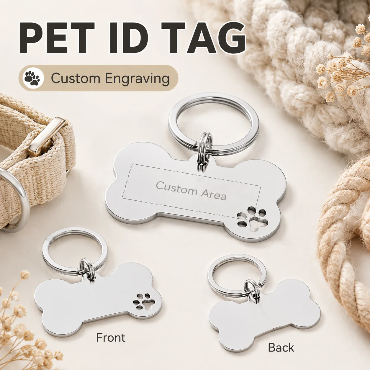 Plaque d'identification personnalisée double face pour chien, en forme d'os, anti-perte, en acier inoxydable avec gravure laser, plaque d'identification personnalisée avec nom