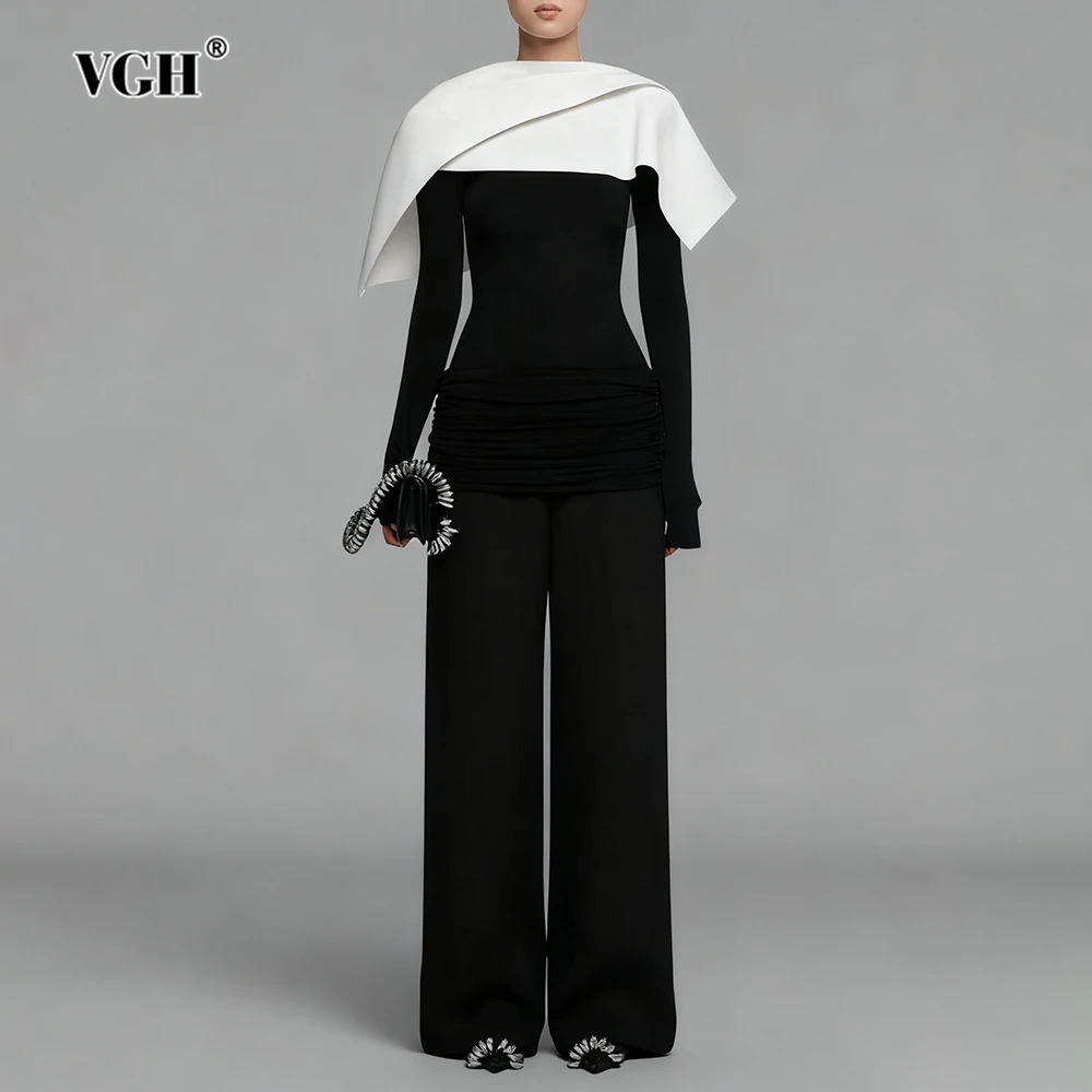 

VGH Slimming Temperament Two Piece Sets For Women Round Neck Long Sleeve Hit Color Top High Waist Pants Commute Set Female New