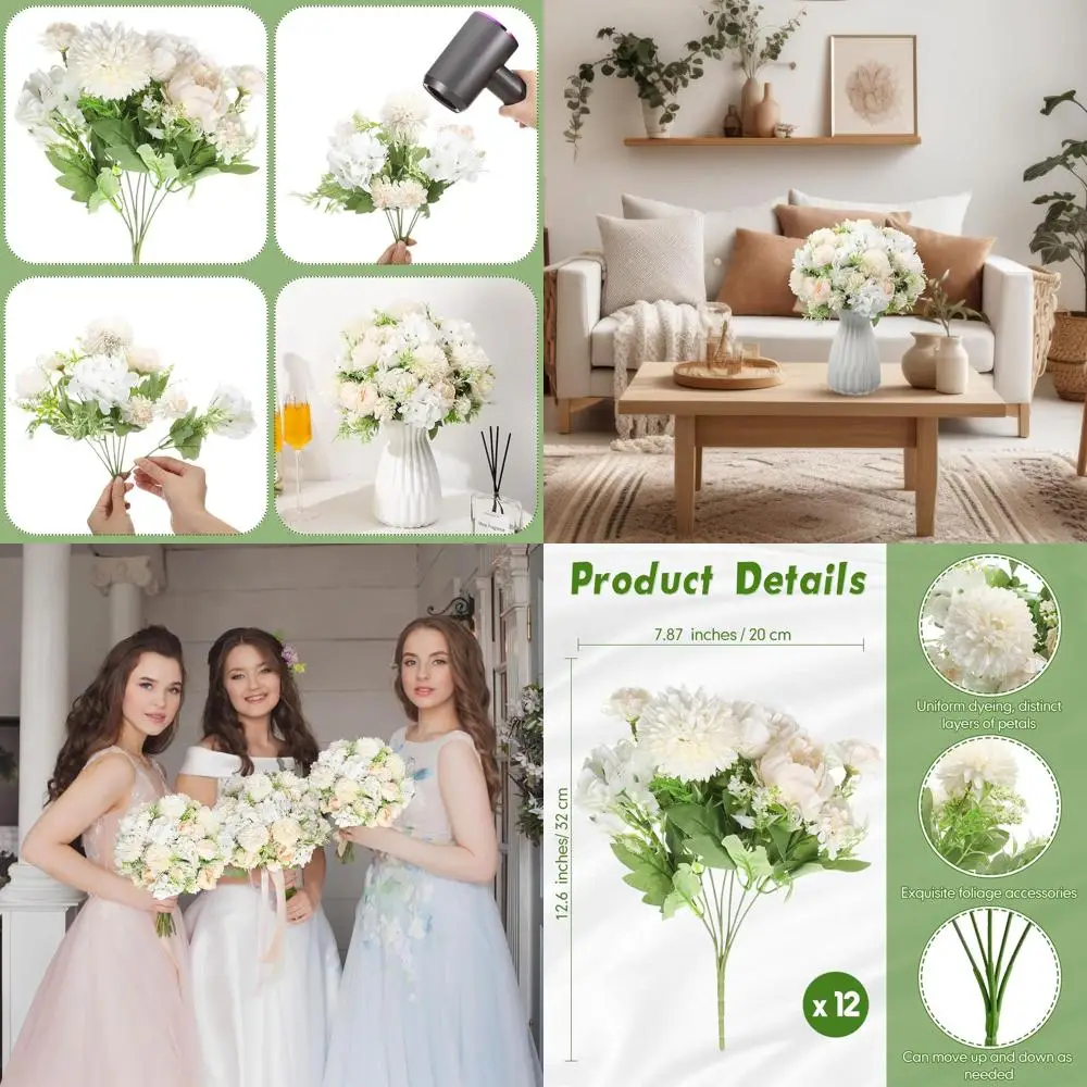 

Букеты из шелковых пионов и гортензий для свадебных центральных композиций на столах, белые, 24 комплекта
