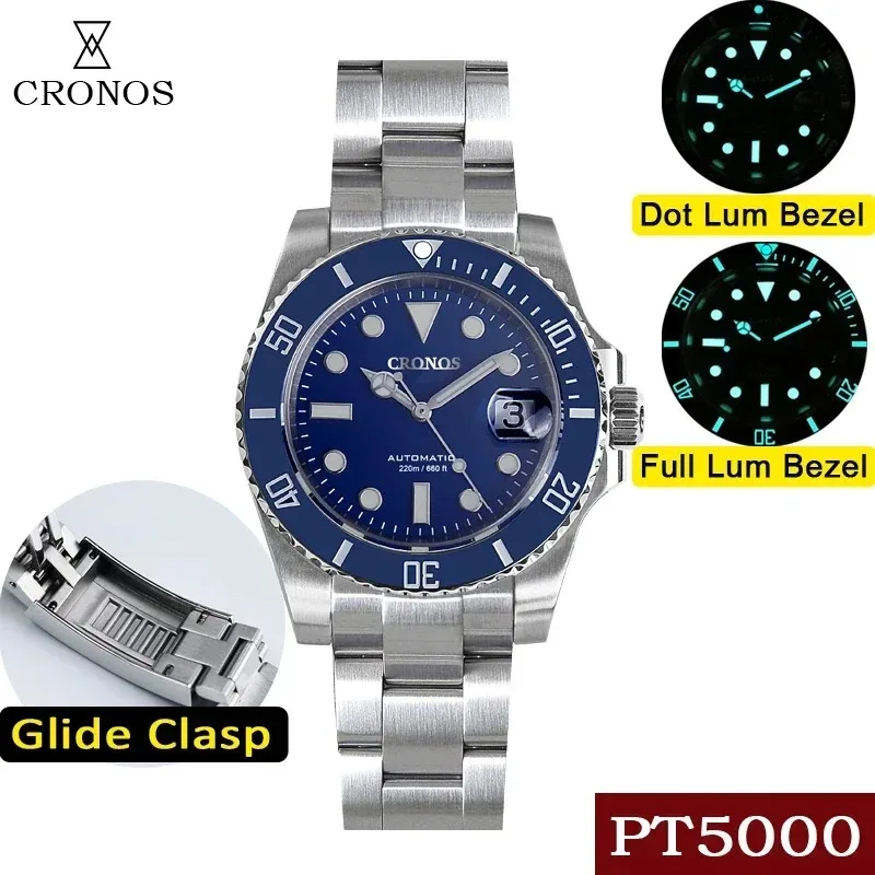 

Cronos L6005 Sub Diver Men Mechanical Wristwatches PT5000 Movement Bracelet Ceramic Bezel Waterproof Resistant Glideclasp Watch