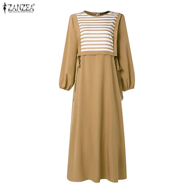 ZANZEA Stylish Women Striped Patchwork Muslim Dress Abaya Elegant Maxi Long Dress Dubai Robe Kaftan O Neck Long Sleeve Sundress