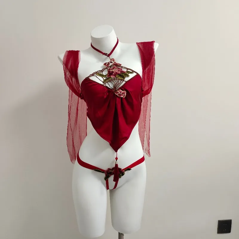 

Red Chinese Cheongsam Dress Sexy Lingerie Erotic Hollow Nightdress High Waist Side Split Rose Embroidery Retro Qipao Costumes