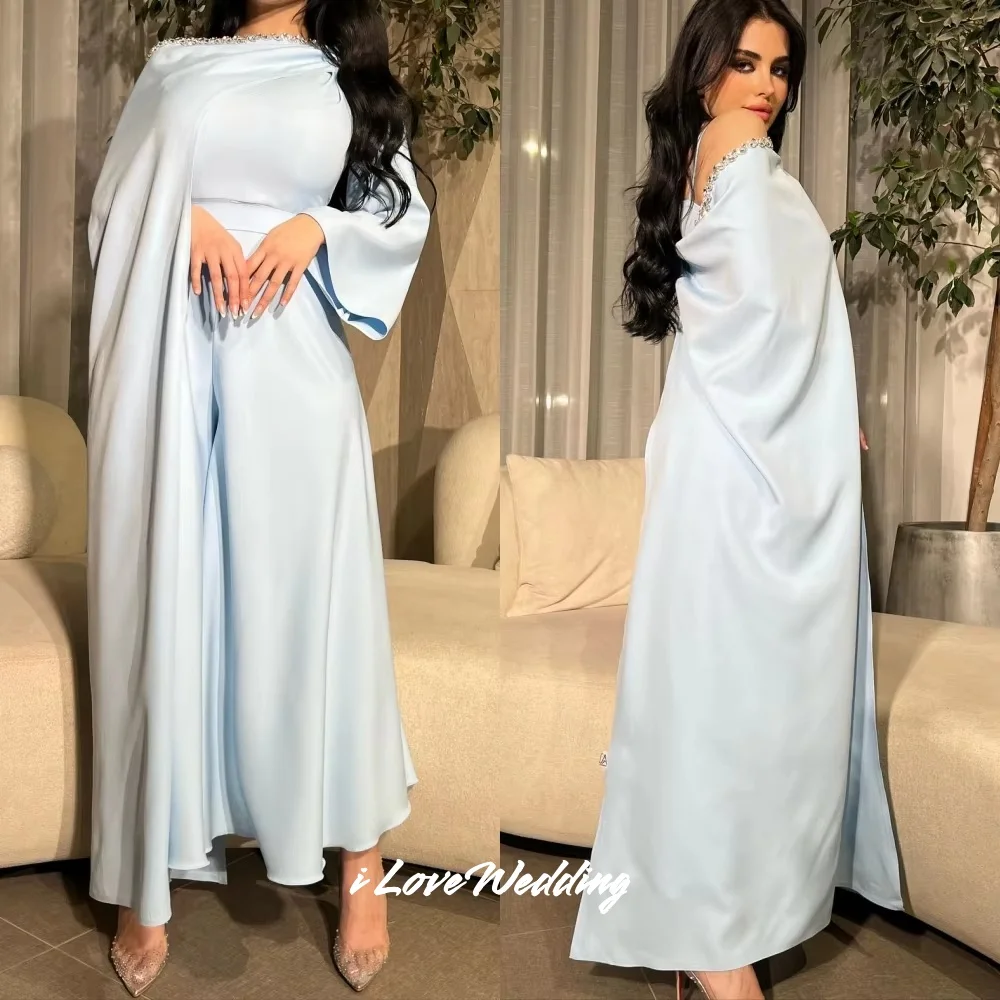 

Blue Strapless Evening Dresses Long Sleeve Beaded A-Line Bespoke Occasion Dresses Saudi Arabia Ankle-Length Pleated Customized