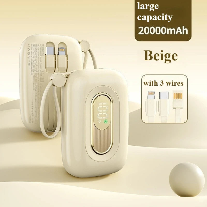 Mini banco de energía portátil de Ultra capacidad, 10000/20000mAh, con Cable incorporado, batería compacta de carga rápida para Huawei, Apple y Android
