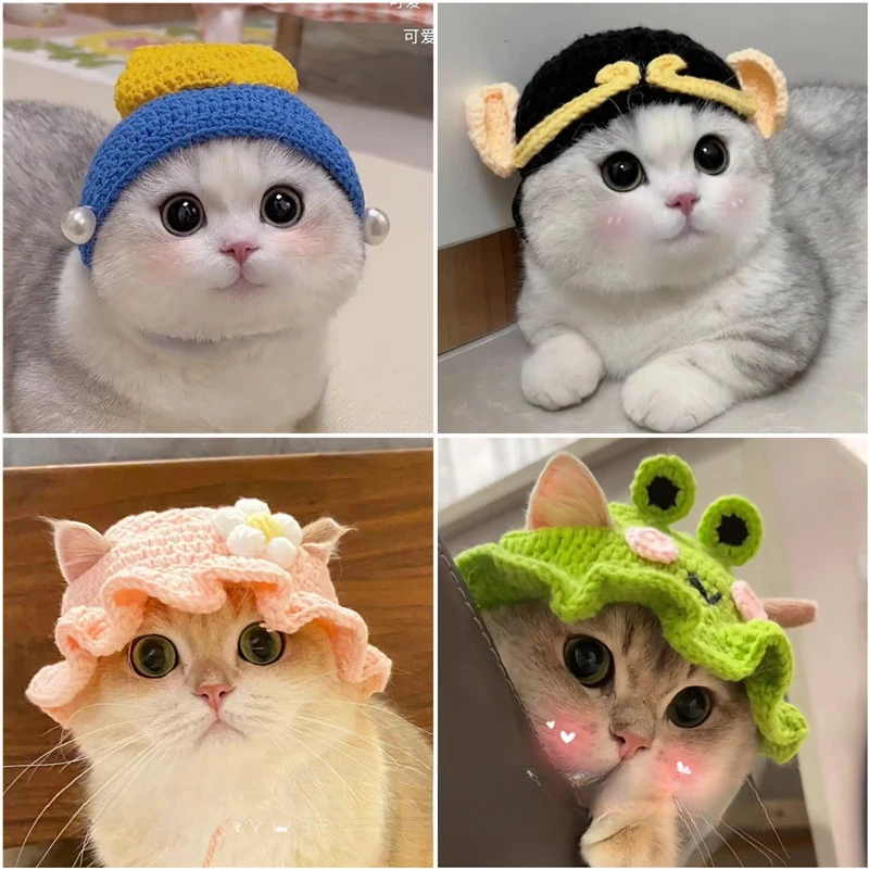 Cute Refined Cat Hat Elastic Autumn Winter Pet Hat Puppy Kittens Knitted Hat Party Photo Shoot Props Decoration Cat Accessories