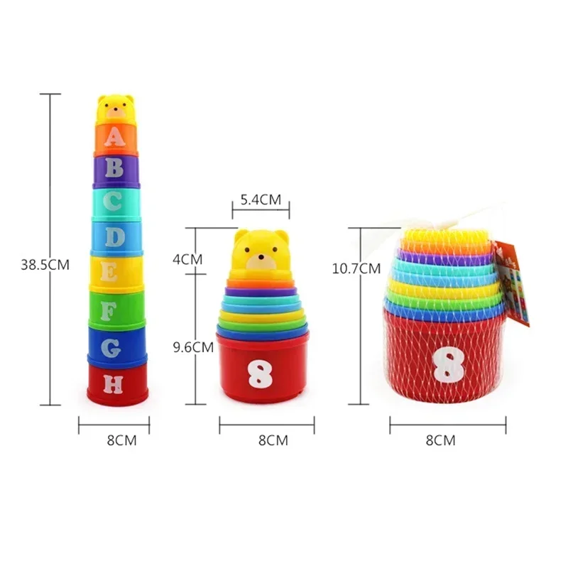 9PCS Stacking Cups Stackable Rainbow Tower with Numbers Letters Shapes Children's Educational Montessori Toys Beach Kids ﻿Gifts