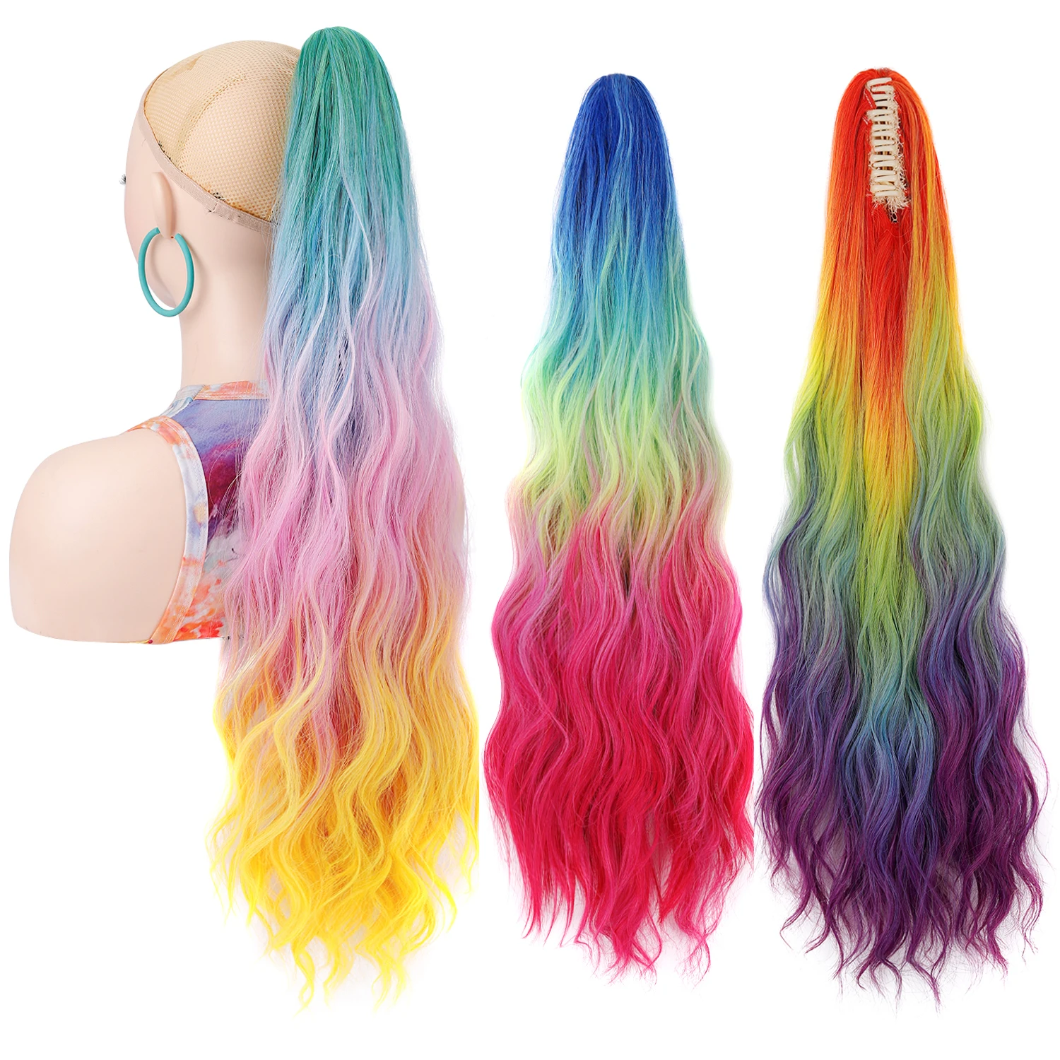 Jeedou Ponytail Long Wavy Hair Extension Rainbow Ombre Color Ponytails Claw Clip On Pony Tail Synthetic Hairpiece Cosplay Wigs