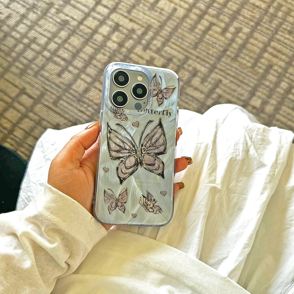 Laser Colorful Love Heart Butterfly Phone Case For iPhone 15 14 13 12Pro Max Double Sided Lamination Shockproof Protective Cover