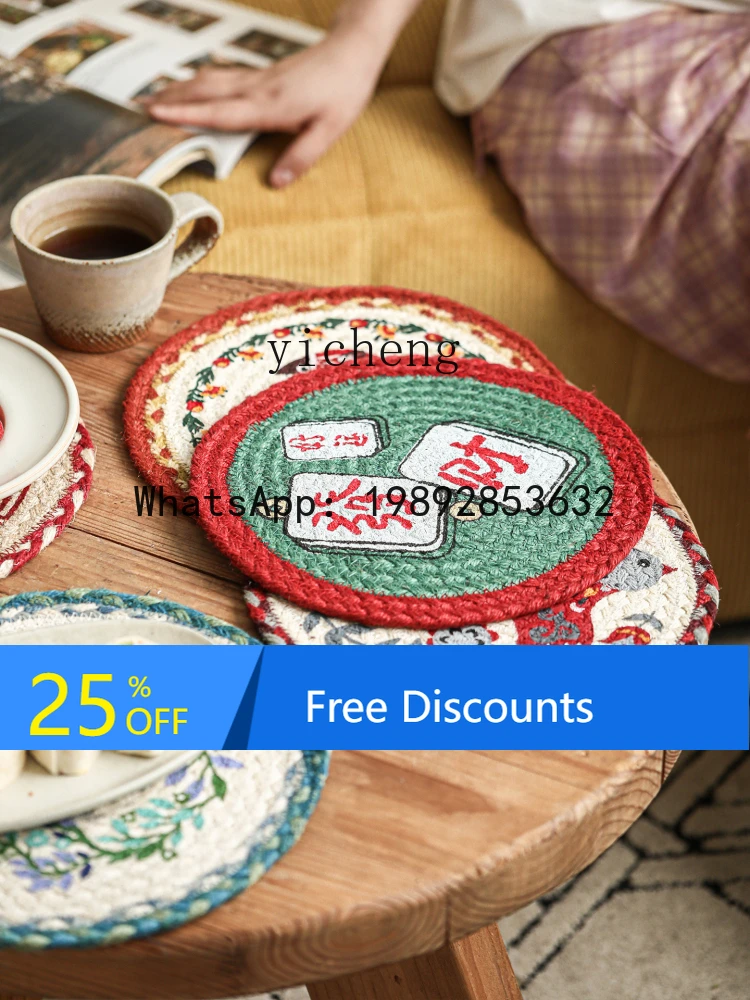 x1 Kitchen Dining Table Heat Insulation Mat Handmade Woven Round Plate Vintage Country Style Anti-scald Table Mat