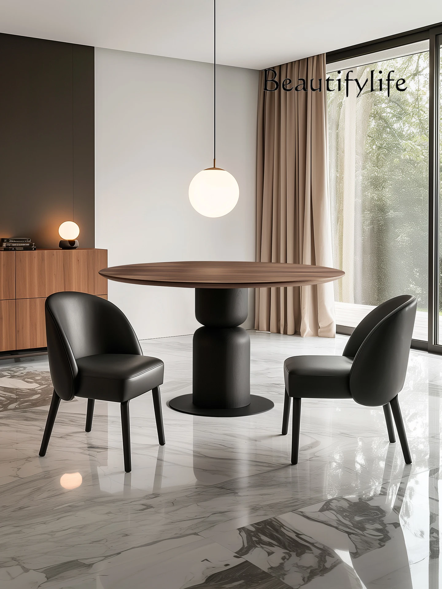 

Designer Italian minimalist all solid wood round dining table high sense light luxury creative home restaurant round table