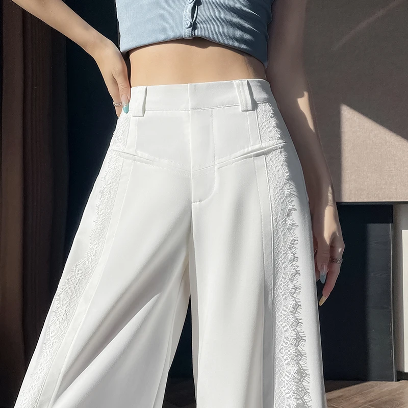 

Stylish White Pants Women 2025 New High Waist Lace Trousers Wide Leg Pocket Black Trousers Office Ladies Trendy