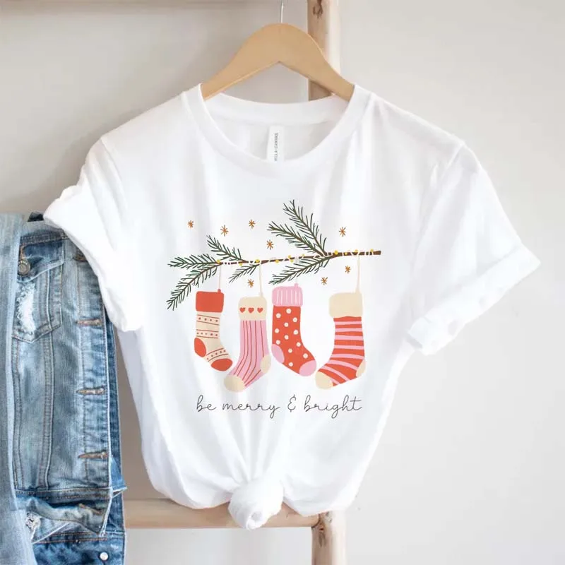 

Merry Bright Christmas Stockings T-Shirt Women's Holiday Graphic Tee Cute Party Top Short Sleeve Festive Women's White T-Shirt