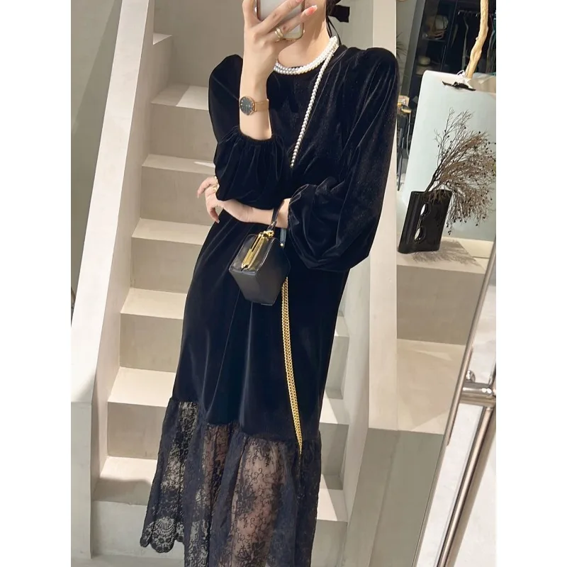 Autumn High-end Return To The Ancients Long Sleeve Sense of Advanced Maxi French Dress Women Dress Canary Velvet Dresses Female