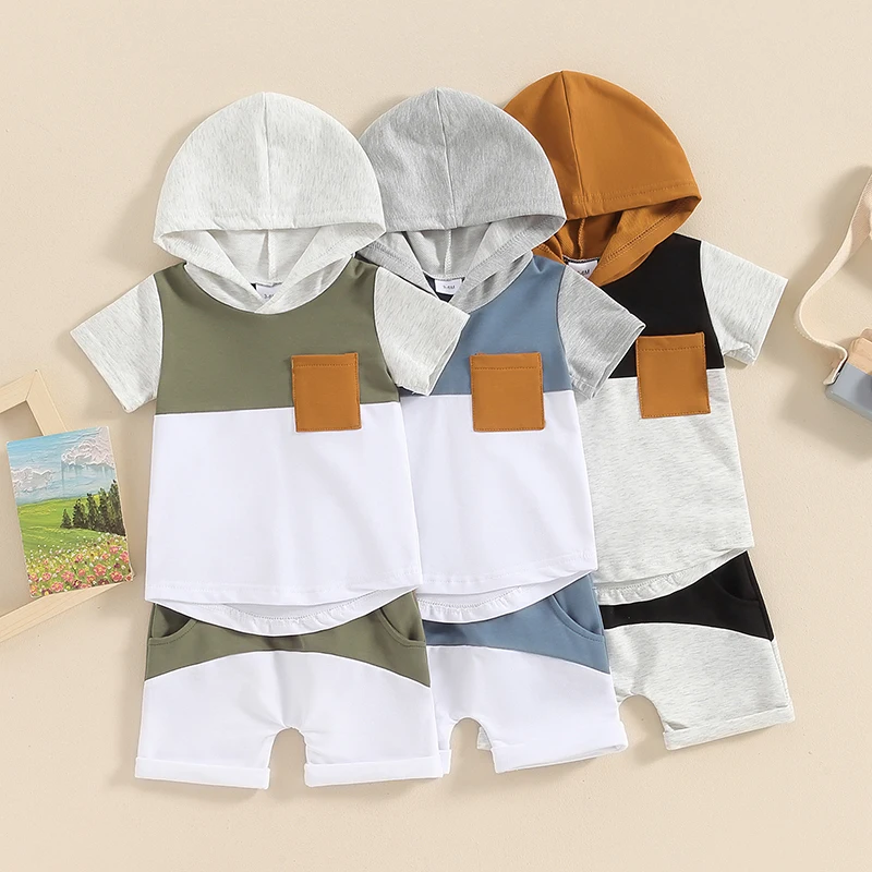 

2024-01-26 Lioraitiin 3M-3Y Toddler Boys Summer Shorts Sets Short Sleeve Hooded Tops and Drawstring Contrast Color Shorts Sets