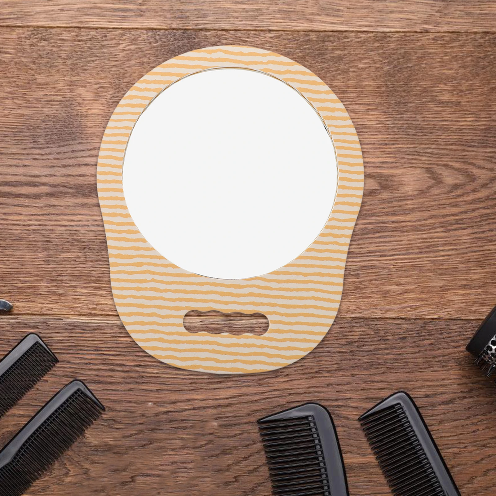 

Foam Frame Hair Salon Handheld Rearview Mirror Barbershops Clear Antishatter Personal Makeup Travel Bamboo Handle