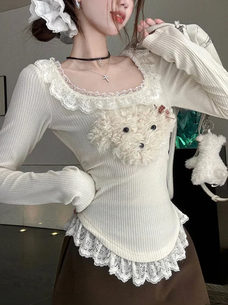 Cute Cartoon Y2k Lace Stitching Pullover Women 2000s Aesthetic Sweet Long Sleeve Knit Sweater Autumn Winter Kawaii Crop T-shirts