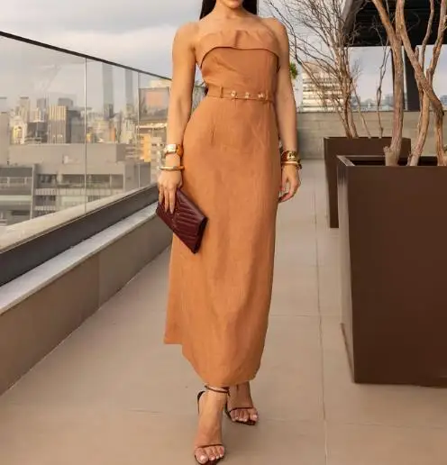 

2025 Autumn New Women's Fashionable and Sexy Solid Color Sleeveless Button Belt Open Back Split Dress