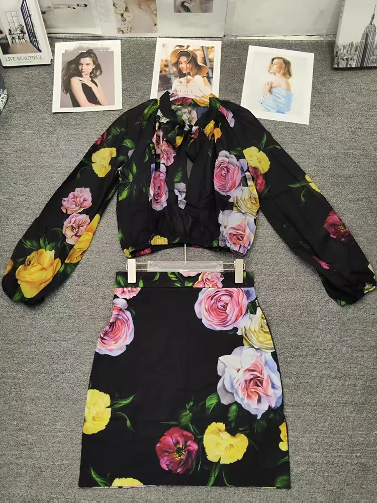 Retro flower print long-sleeved shirt top spring/summer 2025 new+slim hip mini short skirt elegant two-piece women's suit