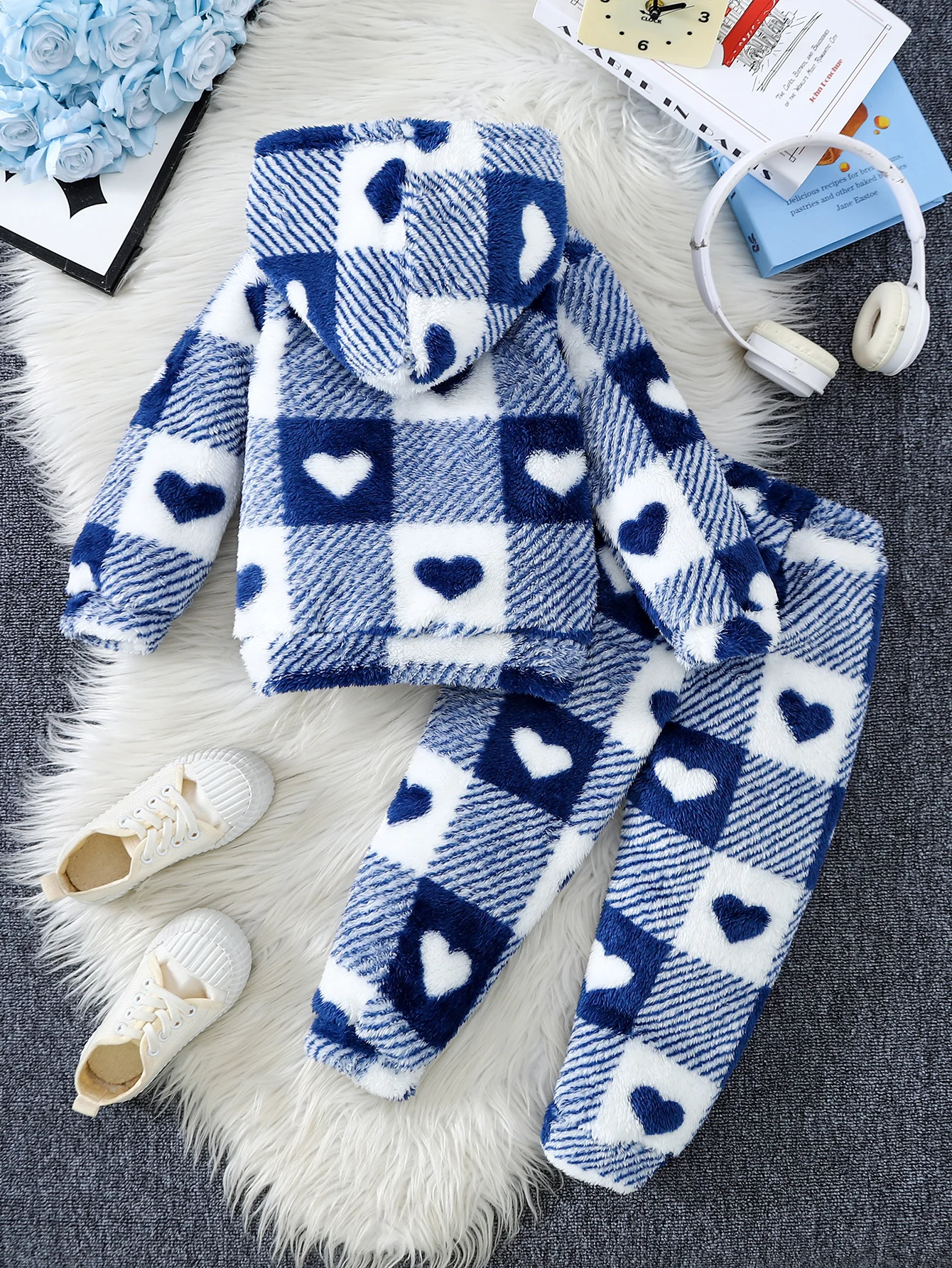 6M-3Y Baby Girl Fleece 2Pcs Outfit Heart Plaid Hooded Tops Elastic Long Pants Toddler Warm Winter Fluffy Clothing Set
