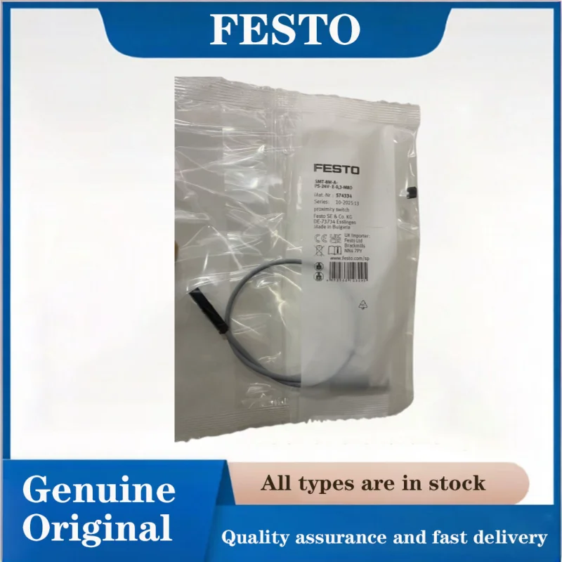 FESTO nabijheidssensor 574334-SMT-8M-A-PS-24V-E-0,3-M8D, geschikt voor positiondetectie van pneumatische cilinders met T-gleuf.