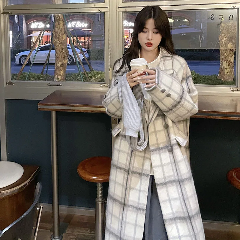 

Winter Plaid Woolen Overcoat Women Casual Sweet Long Coats Double Breasted Y2k Clothing Tops Korean Fashion Trench Jacket Female