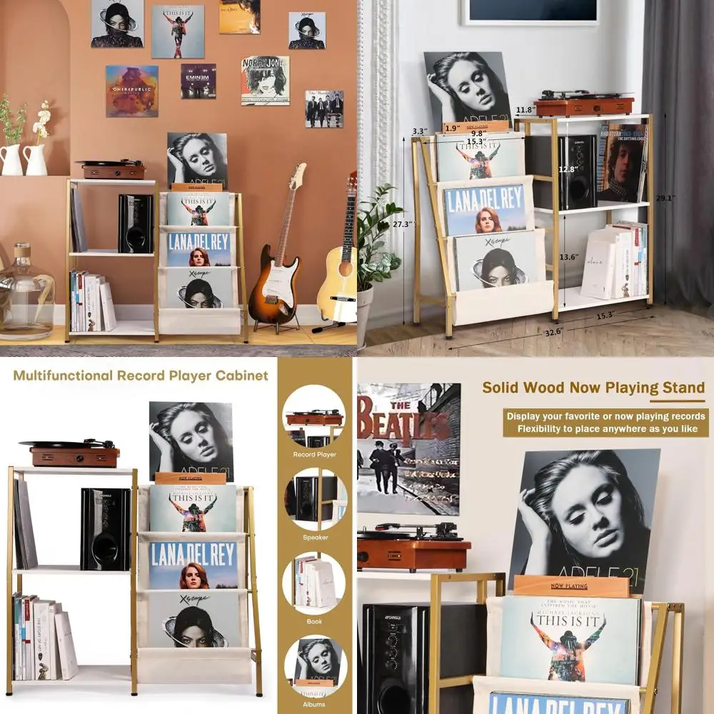 

Трехуровневая подставка для виниловых пластинок с держателем для текущей записи, местом для хранения колонок, для гостиной, золотисто-белая