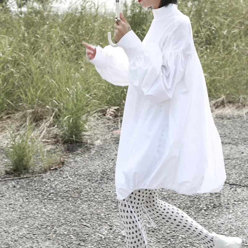 

Women Irregular Drawstring Big Size White Blouse New Stand Collar Long Sleeve Shirt Fashion Spring Autumn