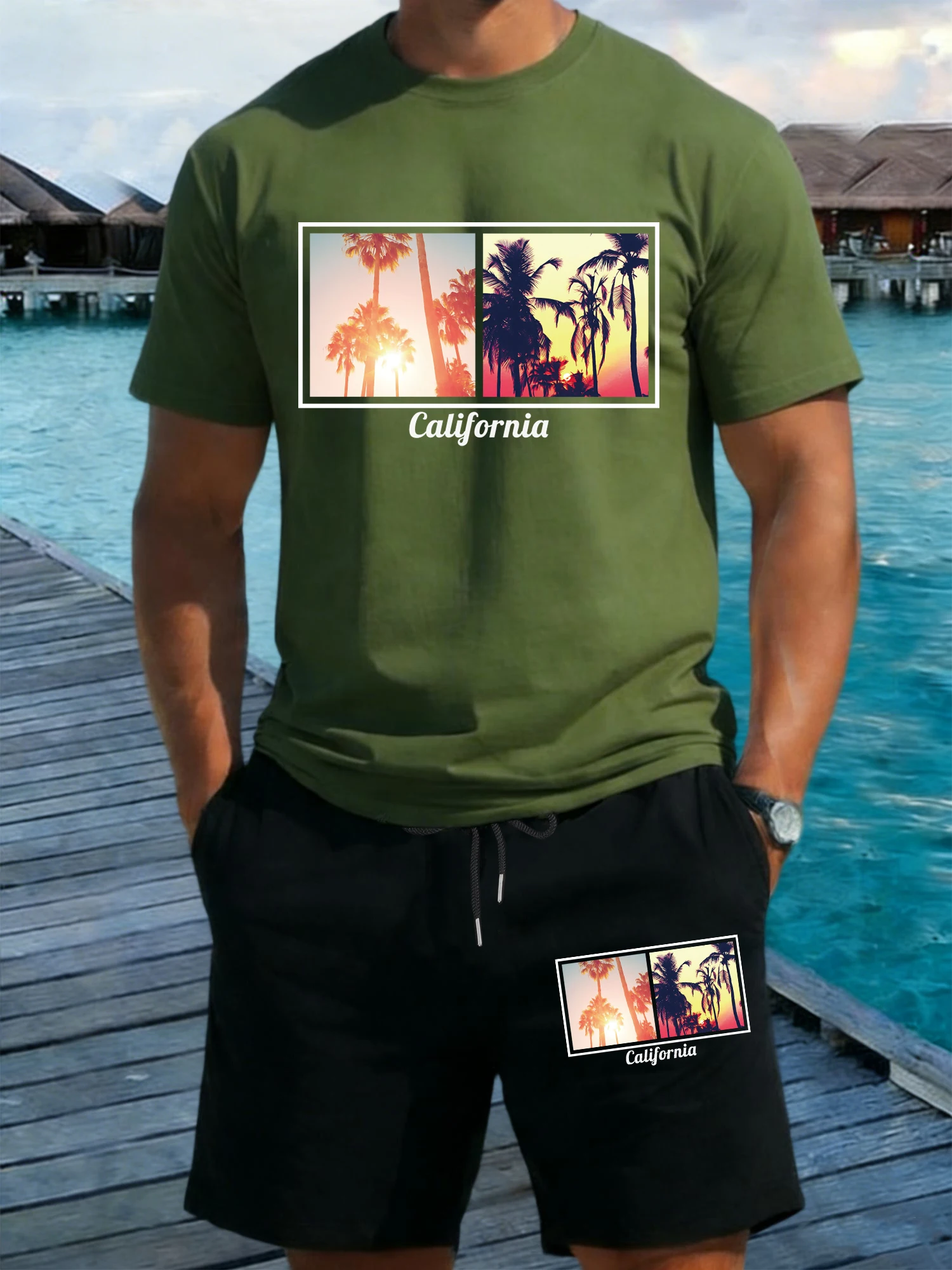 

California Coconut Tree Print T-Shirt Suits Man Drawstring Summer Shorts Set Wide-Leg Black Pants O-Neck Cotton T Shirt