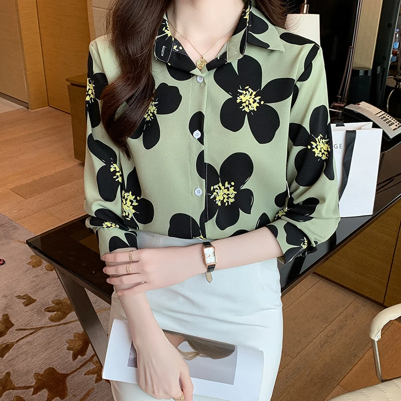 Women Spring Fashion Office Lady Loose Floral Polo-Neck Long Sleeve Shirts Women Clothes Casual All-match Appear Thin Trend Tops