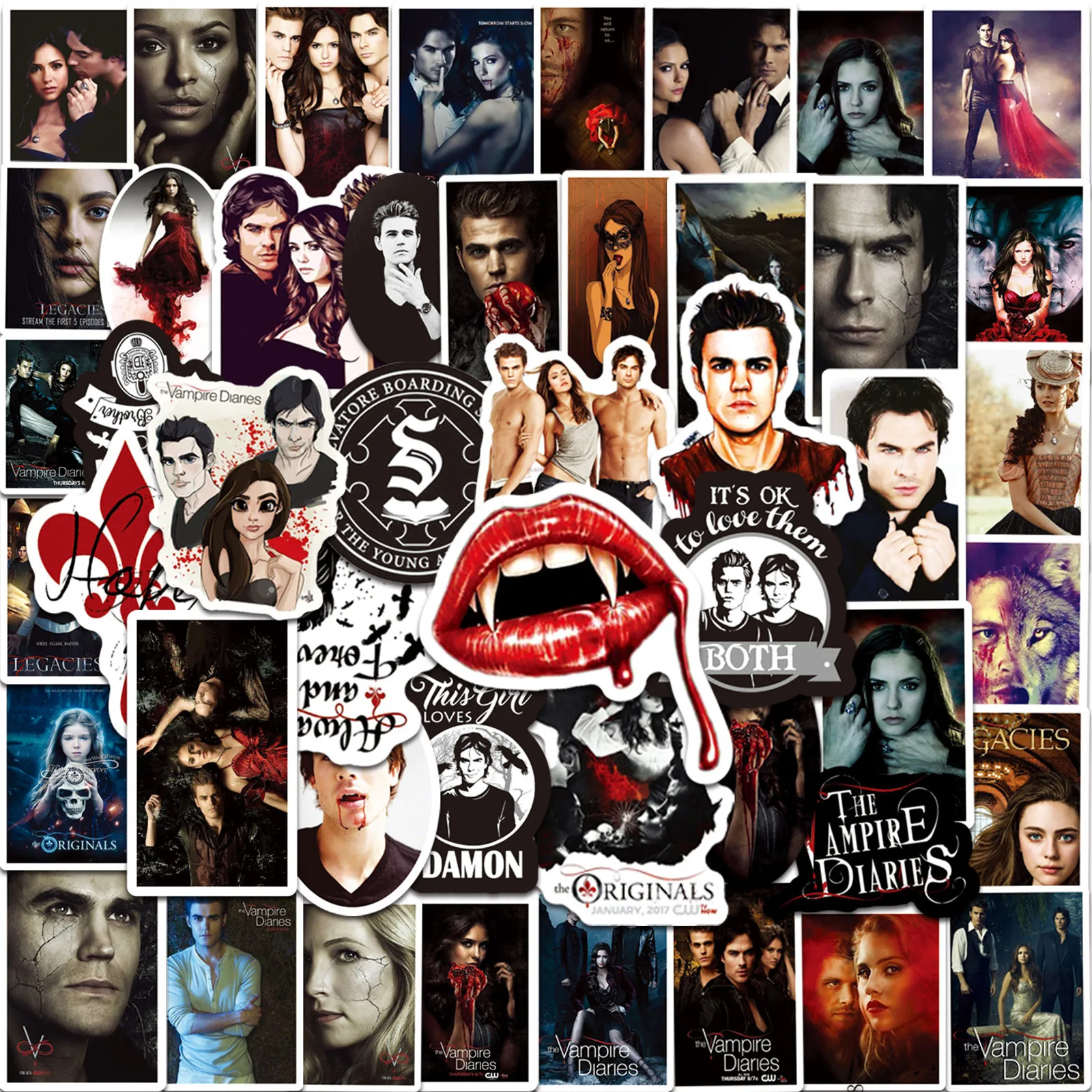 50PCS TV Show The Vampire Diaries Stickers Blood Decals Decoration Suitcase Skateboard Guitar Laptop Cup Stationery Sticker Gift