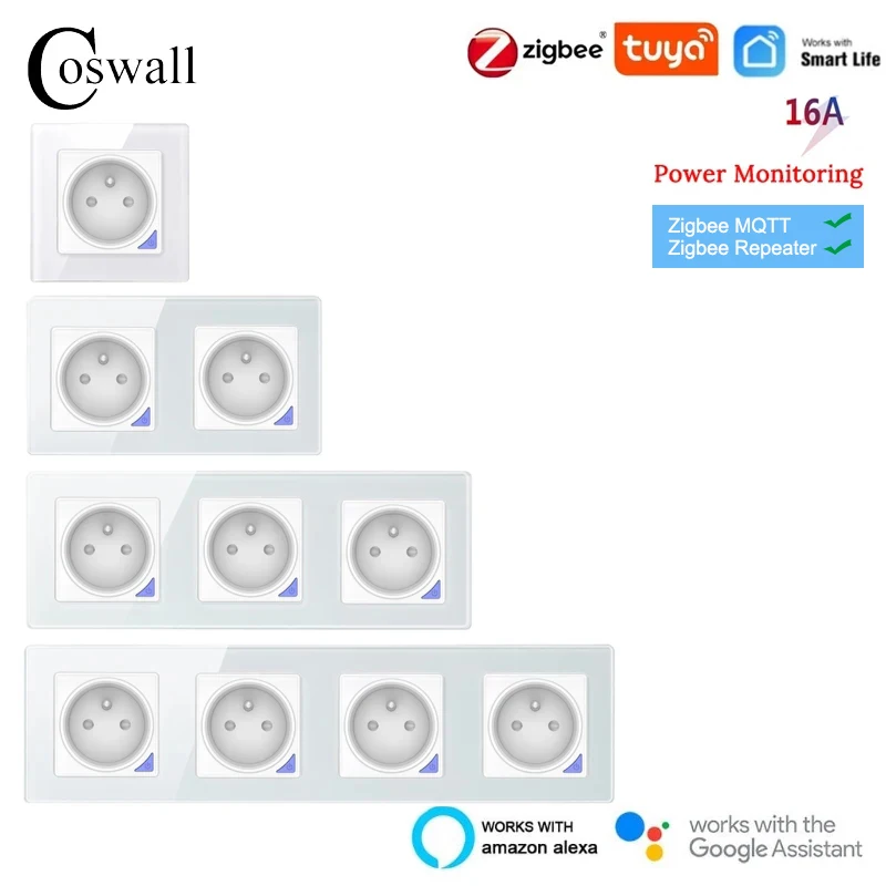 Pannello in vetro COSWALL nero bianco Zigbee Tuya + Bluetooth Smart FR/2FR/3FR presa di corrente a parete messa a terra con monitoraggio